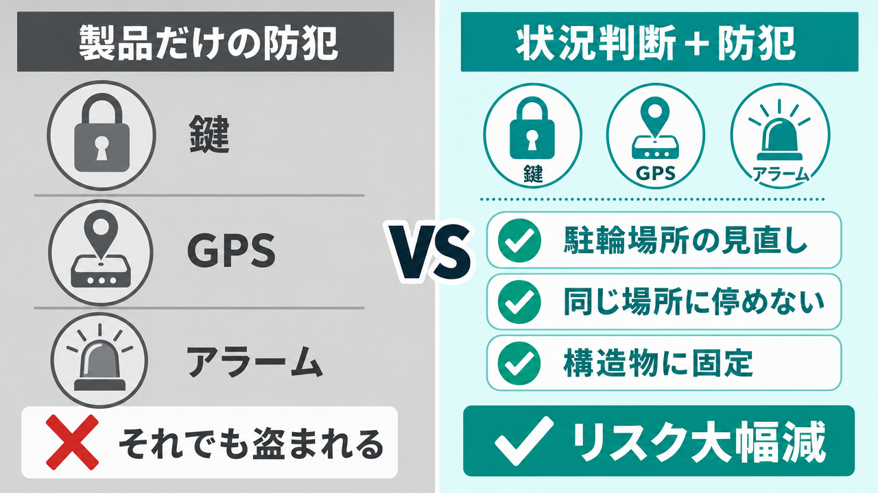 防犯アプローチの対比図。左側は製品だけの防犯(鍵・GPS・アラーム)で「それでも盗まれる」、右側は状況判断を含めた防犯(駐輪場所の見直し・同じ場所に停めない・構造物に固定)で「リスク大幅減」