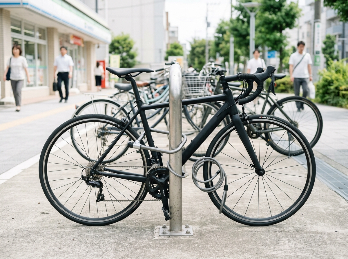 スポーツ自転車が駐輪場でポールにU字ロックでフレームごと固定されている様子。前輪にもサブロックがかかり、明るい屋外駐輪スペースでの正しいアースロックの実践例