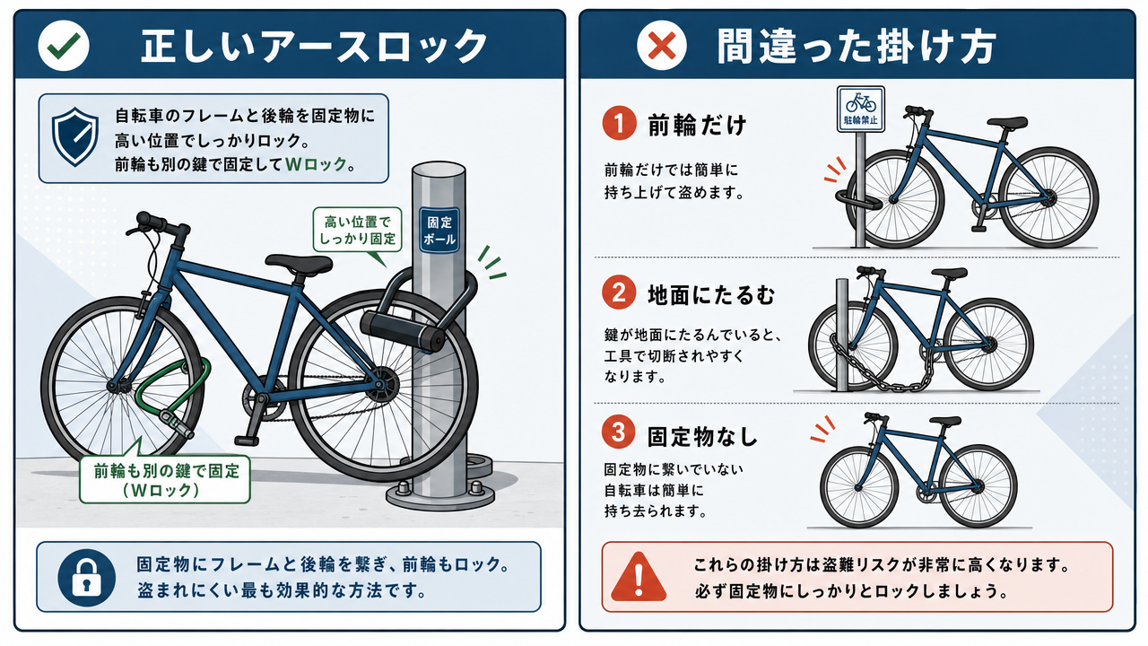 アースロックの正しい掛け方と間違った掛け方の比較図解。左パネル「正しいアースロック」：フレームと後輪を構造物にU字ロックで固定、前輪も追加施錠。右パネル「間違った掛け方」：前輪のみ施錠、チェーンを地面に垂らす、構造物に固定しない例。