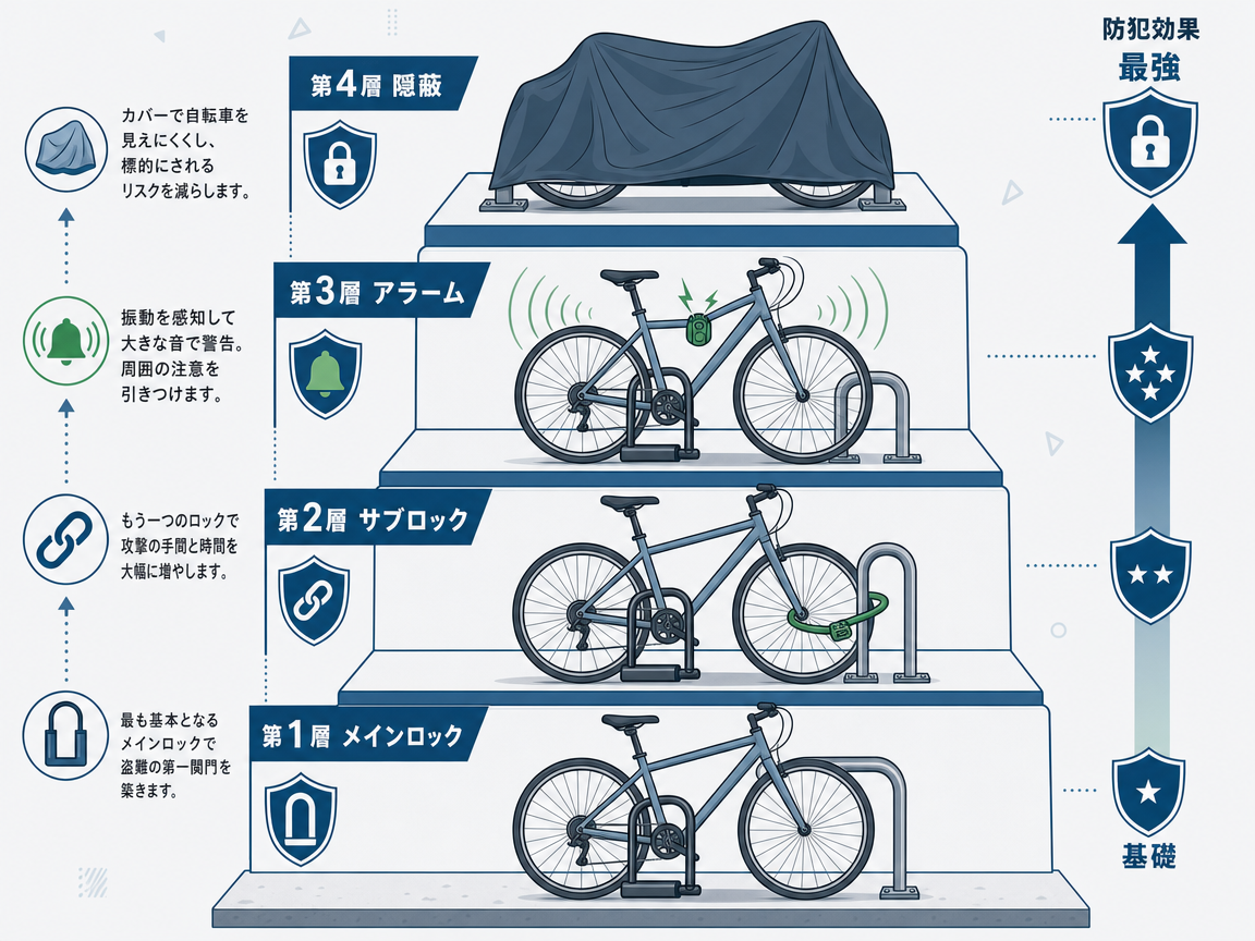自転車防犯の多層防御を4層で示す積み上げ図。第1層メインロック（U字ロックでフレーム＋後輪を構造物に固定）、第2層サブロック（前輪の追加施錠）、第3層アラーム（振動感知・大音量）、第4層隠蔽（自転車カバー）。下から上へ防御力が累積する。