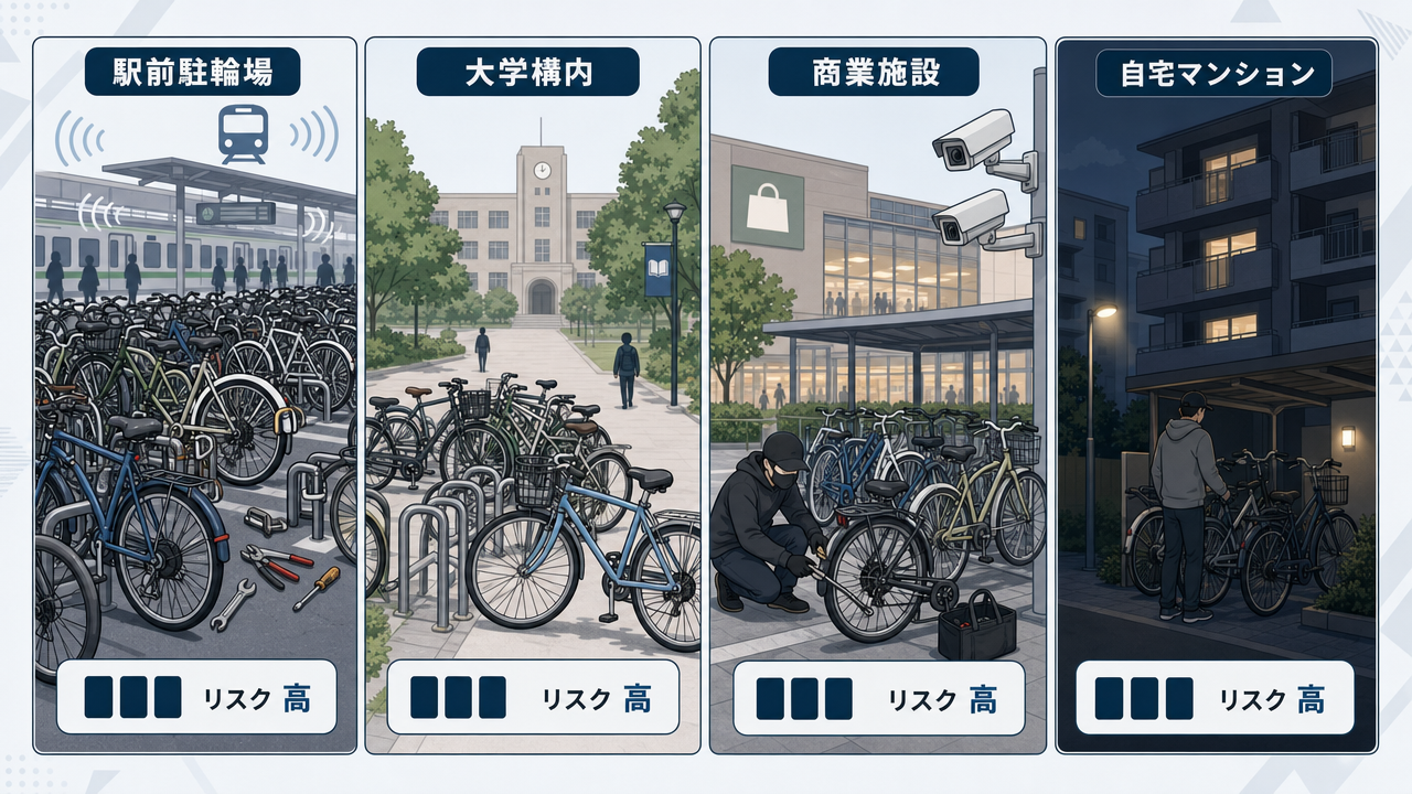 自転車盗難の高危険度エリア4か所の比較図。駅前駐輪場（長時間駐輪・工具が不自然に見えない）、大学構内（高級車多数・駐輪エリア無人化）、商業施設駐輪場（数時間不在・監視カメラあってもマスクで対応）、自宅マンション駐輪場（夜間無人・住人装い侵入）。各パネルにリスクレベル表示。