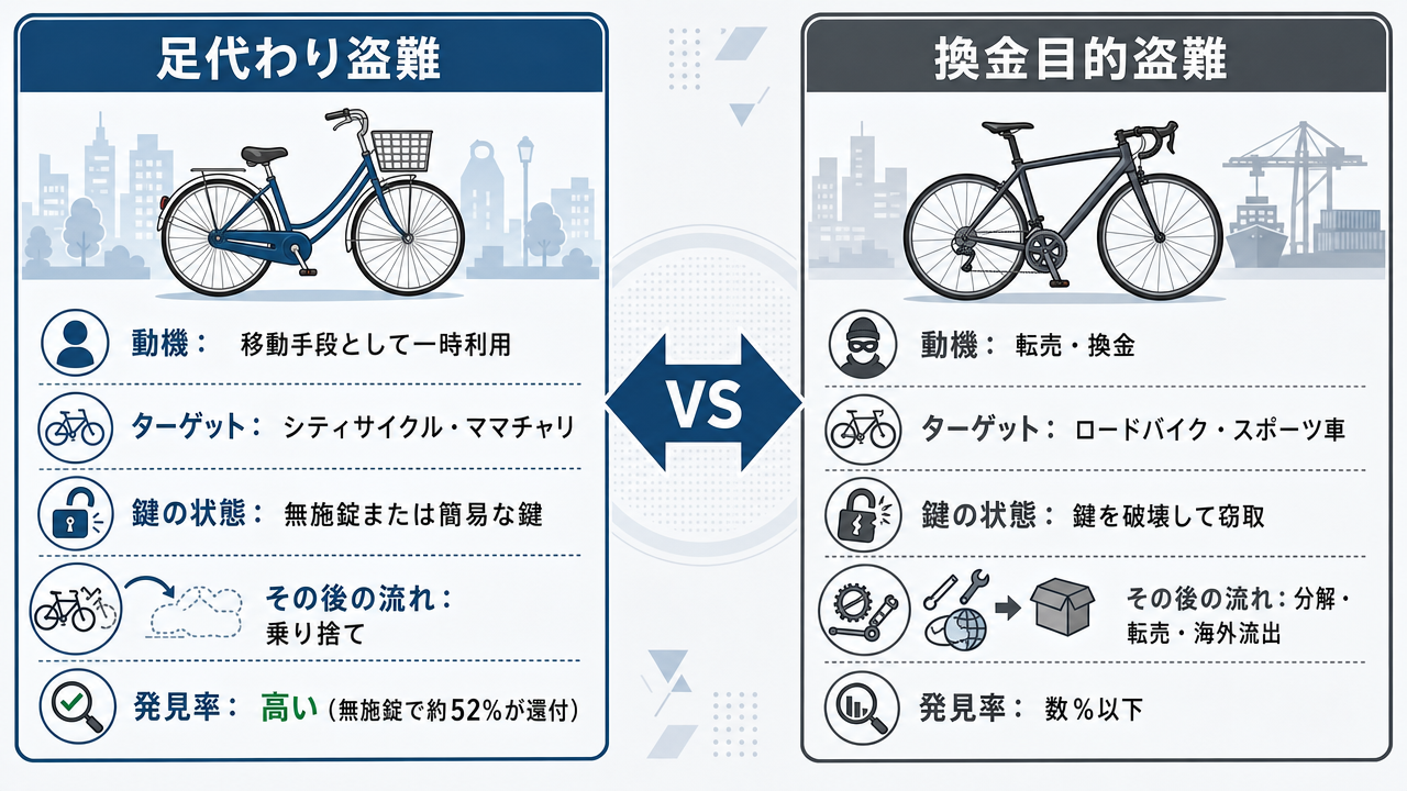 スポーツ自転車の換金目的盗難における転売フロー図。盗難された自転車が分解され、フリマアプリ・オークションサイト・海外輸出の3経路で転売される流れを示す。被害者のもとに戻る確率は数%以下。