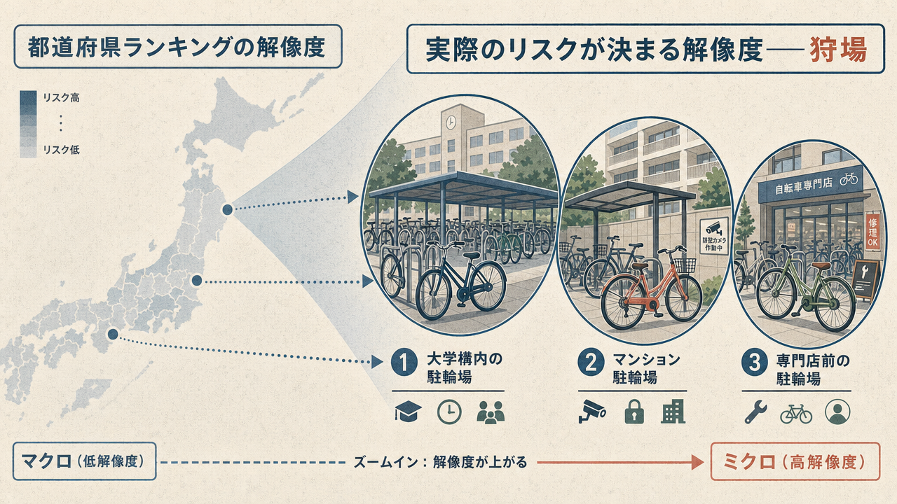 都道府県単位の広域マップ（左）と、大学構内・マンション駐輪場・専門店前というミクロの「狩場」スポット（右）の解像度対比図。リスクは広域ではなくミクロで決まることを示す。