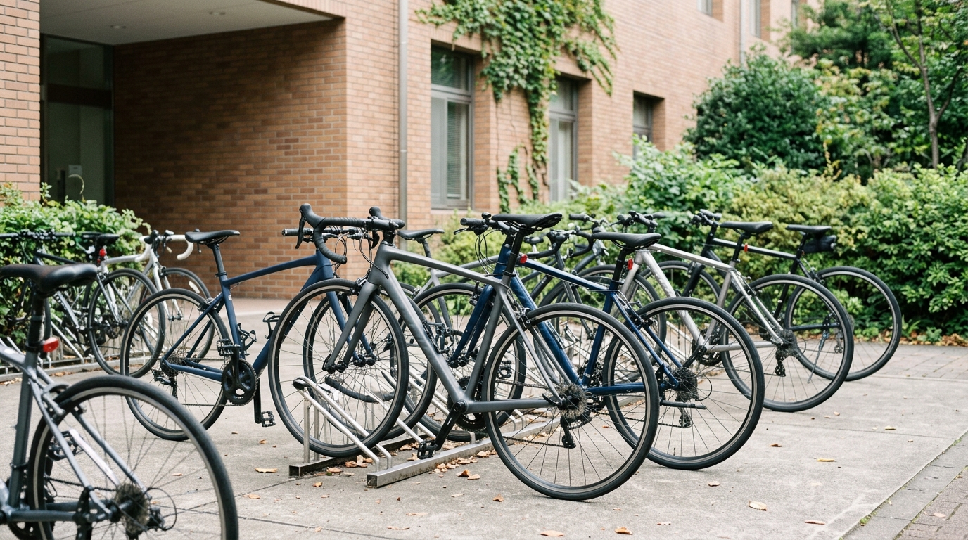 大学キャンパスや集合住宅の駐輪場に停められた複数のスポーツ自転車。日中、明るい自然光の下で、人目が少なく見えにくい駐輪環境の情景。