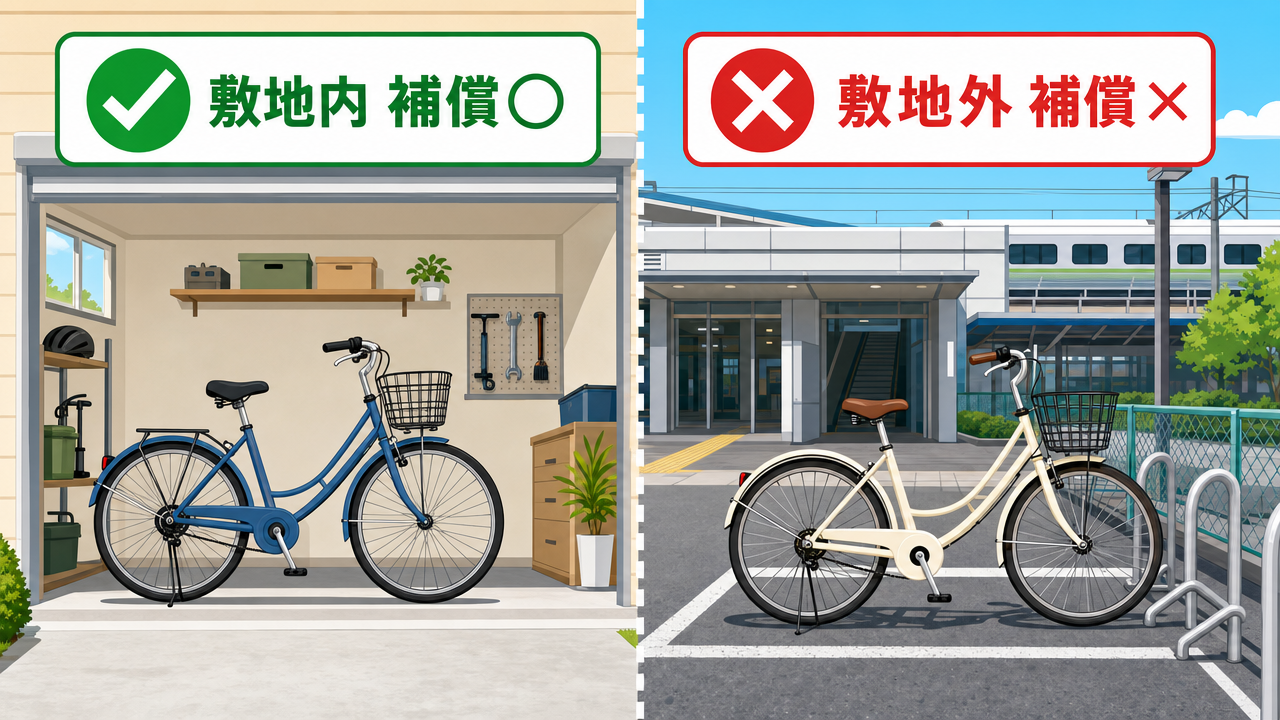 自転車盗難補償の分かれ目を示す対比図。左側にガレージ内の駐輪（敷地内・補償○）、右側に駅前屋外駐輪場（敷地外・補償×）、中央に破線の境界