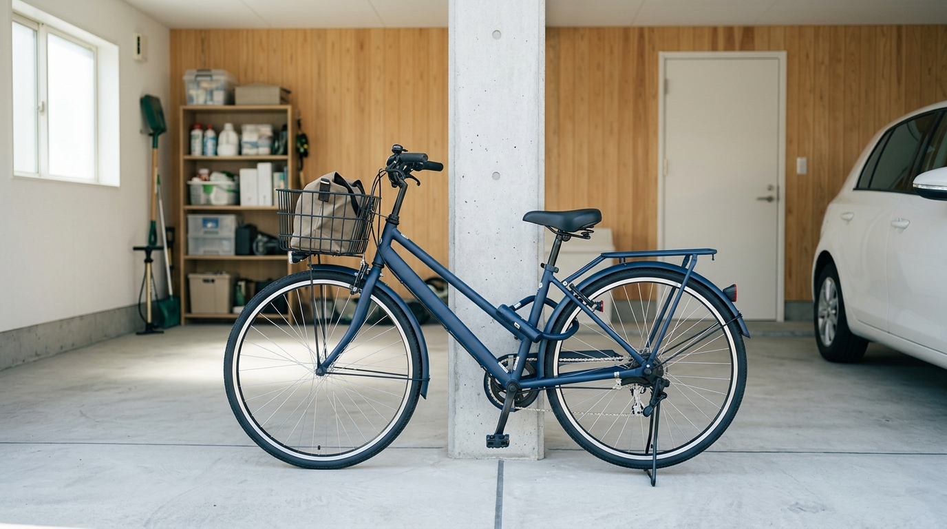 住宅のガレージ内に施錠されて駐輪された自転車。明るい自然光の下、清潔で整った駐輪スペースの情景