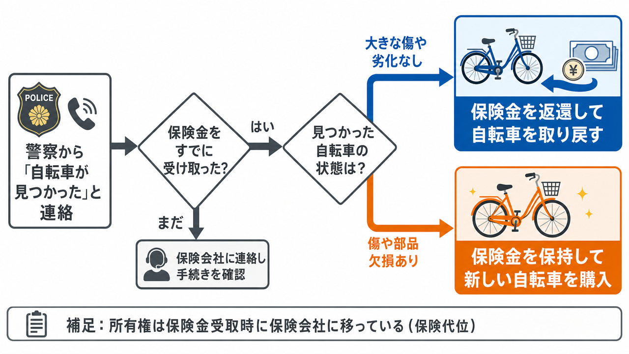 保険金受取後に自転車が見つかった場合の意思決定フロー図。自転車の状態に応じて「保険金を返還して自転車を取り戻す」か「保険金を保持して新車購入」かを選択する分岐を示す。所有権が保険会社に移っている旨の注記付き