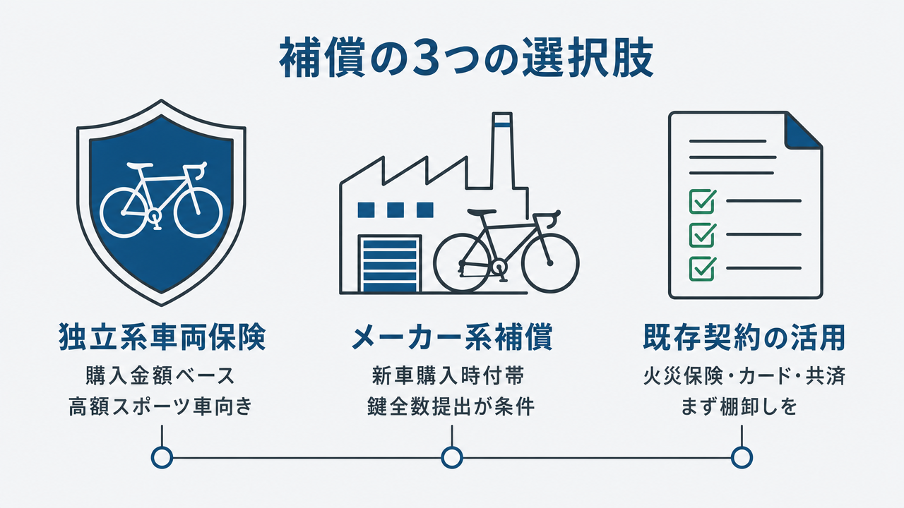 保険の限界を示す概念図。左側に「金銭補填(保険金が支払われる)」、右側に「愛車は戻らない(盗まれた自転車は戻らない)」と表示され、中央の区切り線で保険ができることとできないことを対比している。