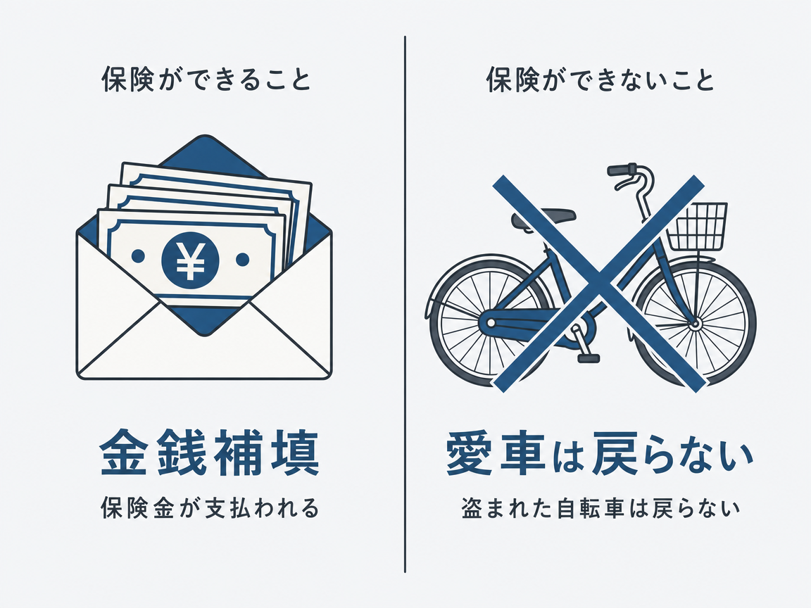 自転車盗難の補償3カテゴリ(独立系車両保険・メーカー系補償・既存契約の活用)の比較図。独立系は「購入金額ベース・高額スポーツ車向き」、メーカー系は「新車購入時付帯・鍵全数提出が条件」、既存契約は「火災保険・カード・共済・まず棚卸しを」と補足されている。