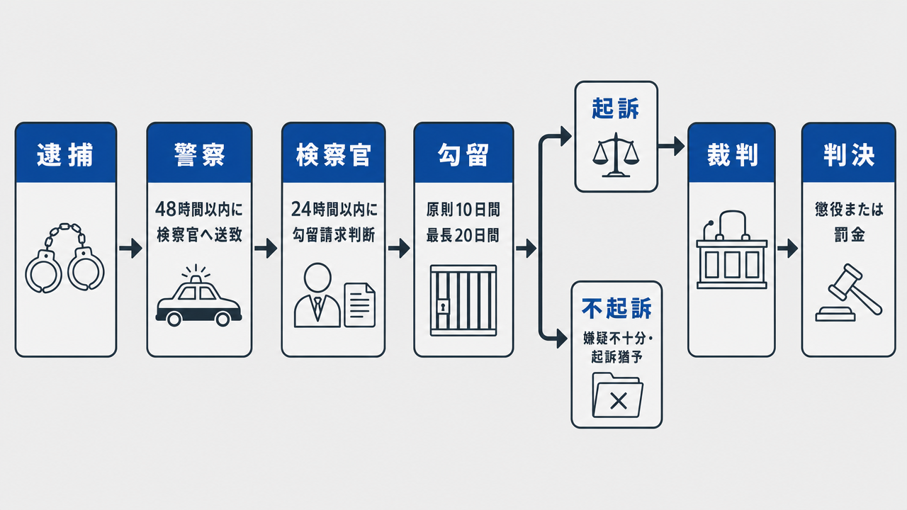 自転車窃盗における逮捕から判決までの刑事手続きのフローチャート。逮捕→警察送致(48時間以内)→検察官勾留請求判断(24時間以内)→勾留(原則10日・最長20日)→起訴/不起訴の分岐→裁判→判決