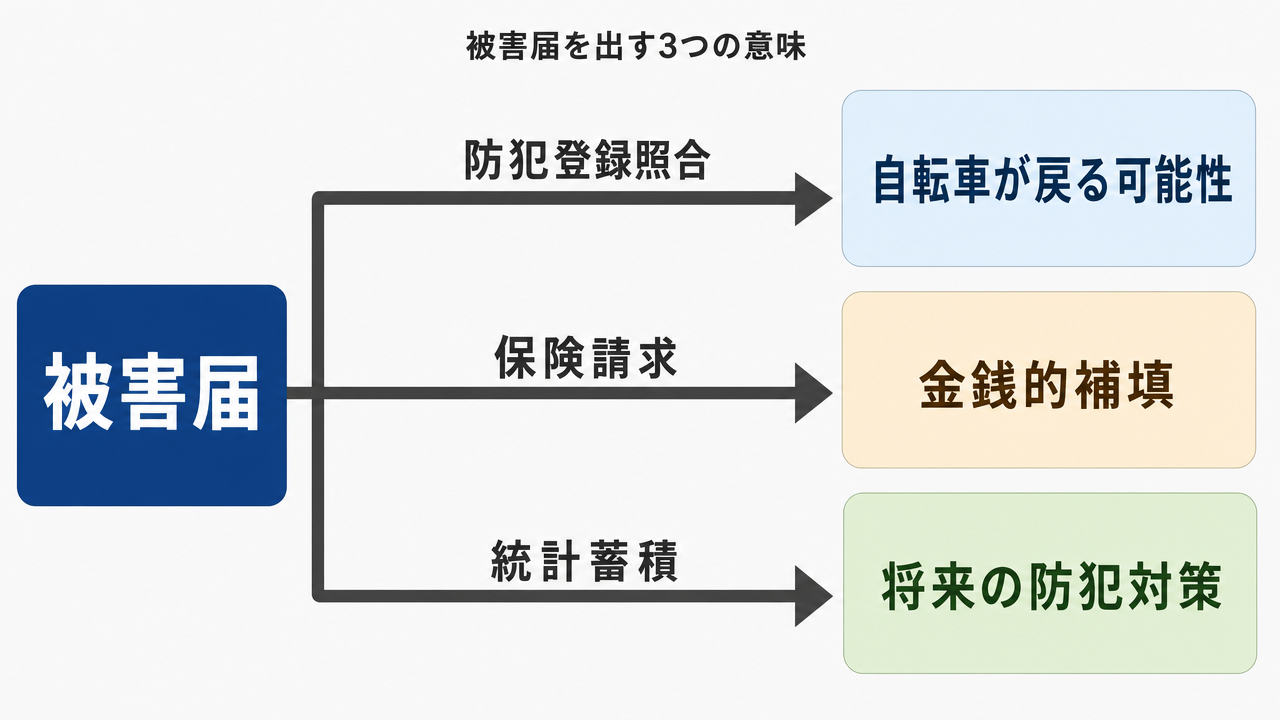 被害届提出から3つの価値(防犯登録照合による自転車返還の可能性・保険請求による金銭的補填・統計蓄積による将来の防犯対策)へのフロー図