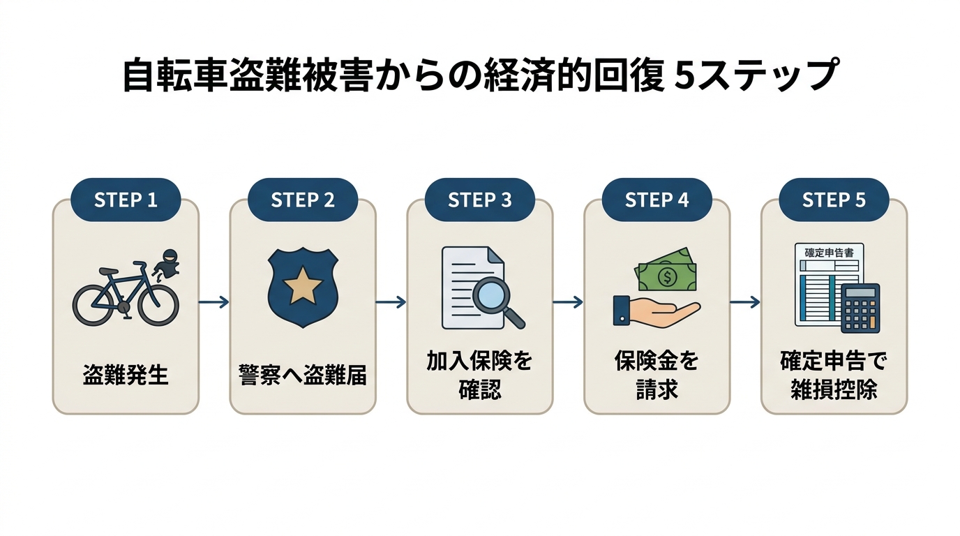 自転車盗難後の金銭的回復手続きの流れ図。盗難発生→警察へ盗難届→加入保険を確認→保険金を請求→確定申告で雑損控除の5ステップを左から右へ示すフローチャート。