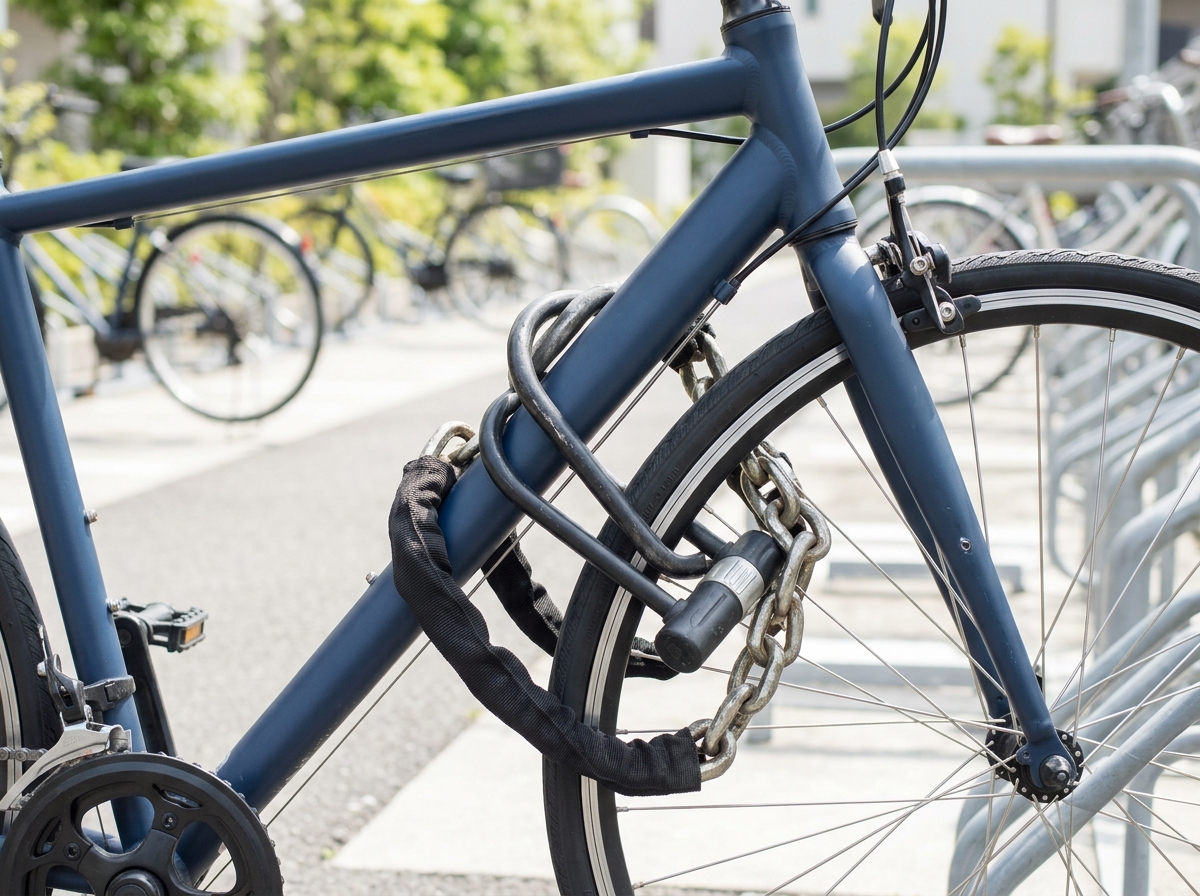 明るい昼間の駐輪場で、ロード自転車のフレームと前輪に太くて頑丈なUロックとチェーン錠がしっかり巻かれ、細いワイヤー錠より刃をかけにくい厚みがあることを示す様子。