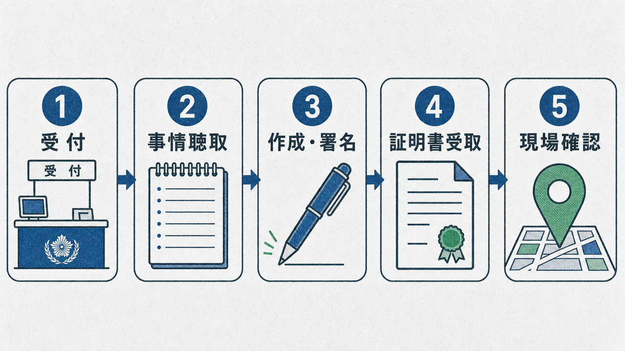 警察署での被害届提出の流れを示す5ステップフロー図。受付→事情聴取→作成・署名→証明書受取→現場確認