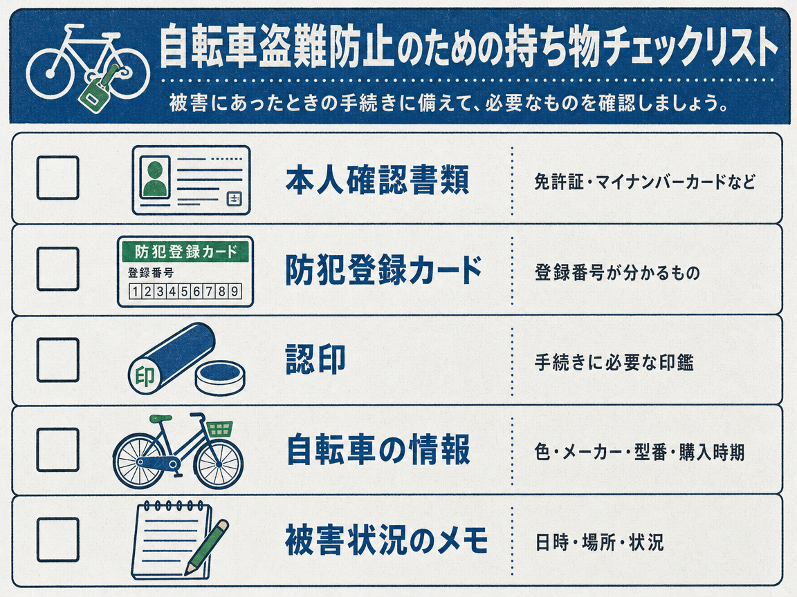 被害届に必要な持ち物チェックリスト。本人確認書類・防犯登録カード・認印・自転車の情報・被害状況のメモの5項目