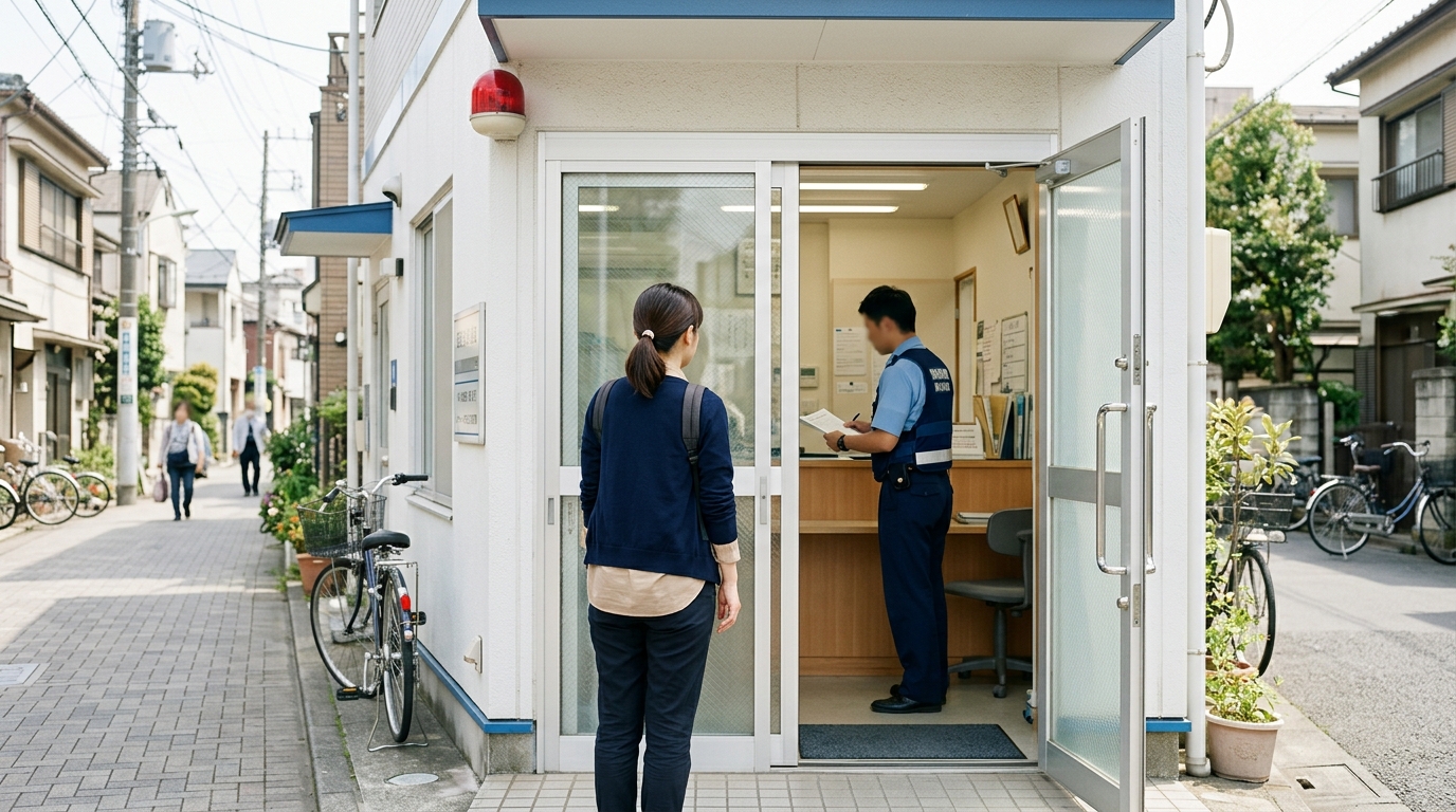 日本の交番の情景。明るい昼間の落ち着いた雰囲気で、被害届を提出する行動を想起させる。