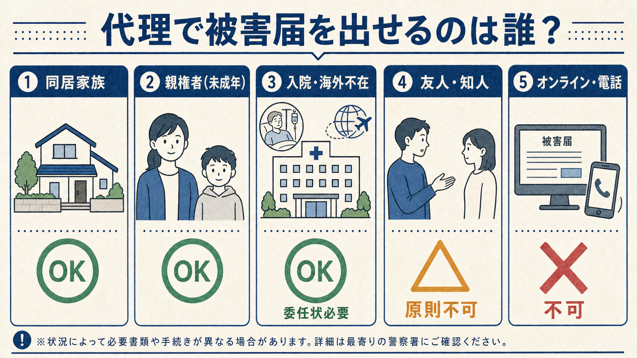 代理で被害届を出せるのは誰かの早見表。同居家族（配偶者・親）は可能、親権者（未成年の子）は可能、入院・海外等で不在は条件付き可能（委任状必要）、友人・知人・同僚は原則不可、オンライン・電話は不可