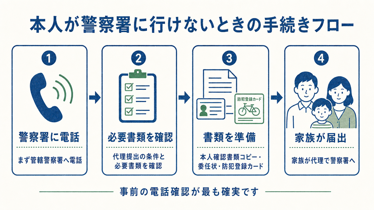 本人が警察署に行けない場合の手続きフロー図。4ステップを左から右へ矢印で接続——「警察署に電話（まず管轄警察署へ電話）」「必要書類を確認（代理提出の条件と必要書類を確認）」「書類を準備（本人確認書類コピー・委任状・防犯登録カード）」「家族が届出（家族が代理で警察署へ）」。下部に注記「事前の電話確認が最も確実です」