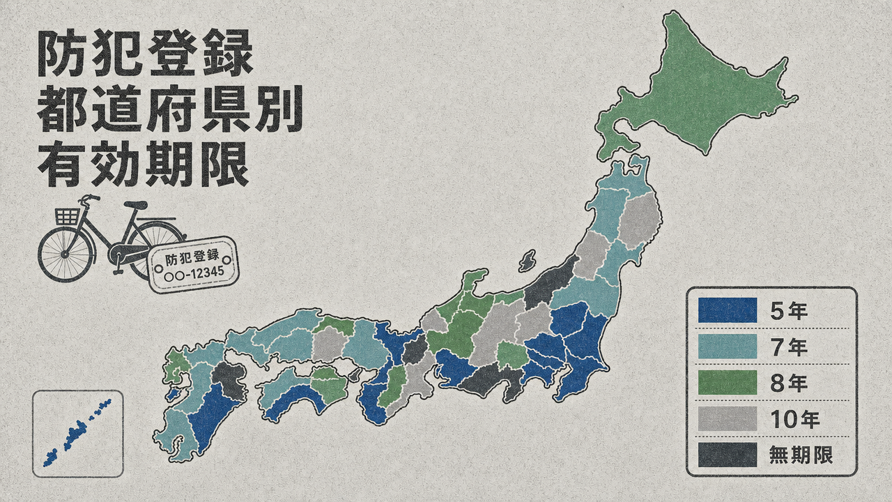 都道府県別の防犯登録有効期限を示す日本地図。5年・7年・8年・10年・無期限の5段階で色分けされ、凡例付き