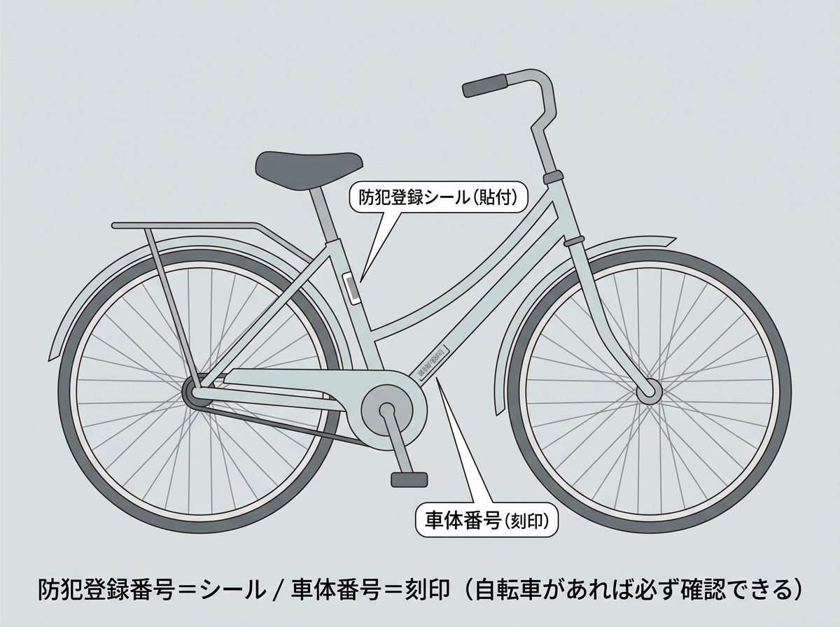 自転車フレームの模式図。サドル下に防犯登録シール(貼付)、ペダル付近のフレームに車体番号(刻印)の位置を示した図解
