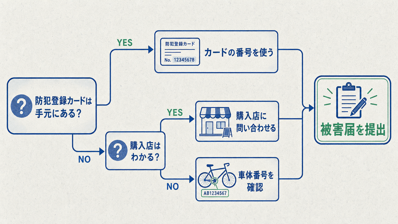 防犯登録番号の調べ方の決定木図。「防犯登録カードは手元にある?」から分岐し、YESならカードの番号を使用、NOなら「購入店はわかる?」に進む。購入店がわかれば問い合わせ、わからなければ車体番号(フレーム刻印)を確認。いずれのルートも最終的に「被害届を提出」に収束する。