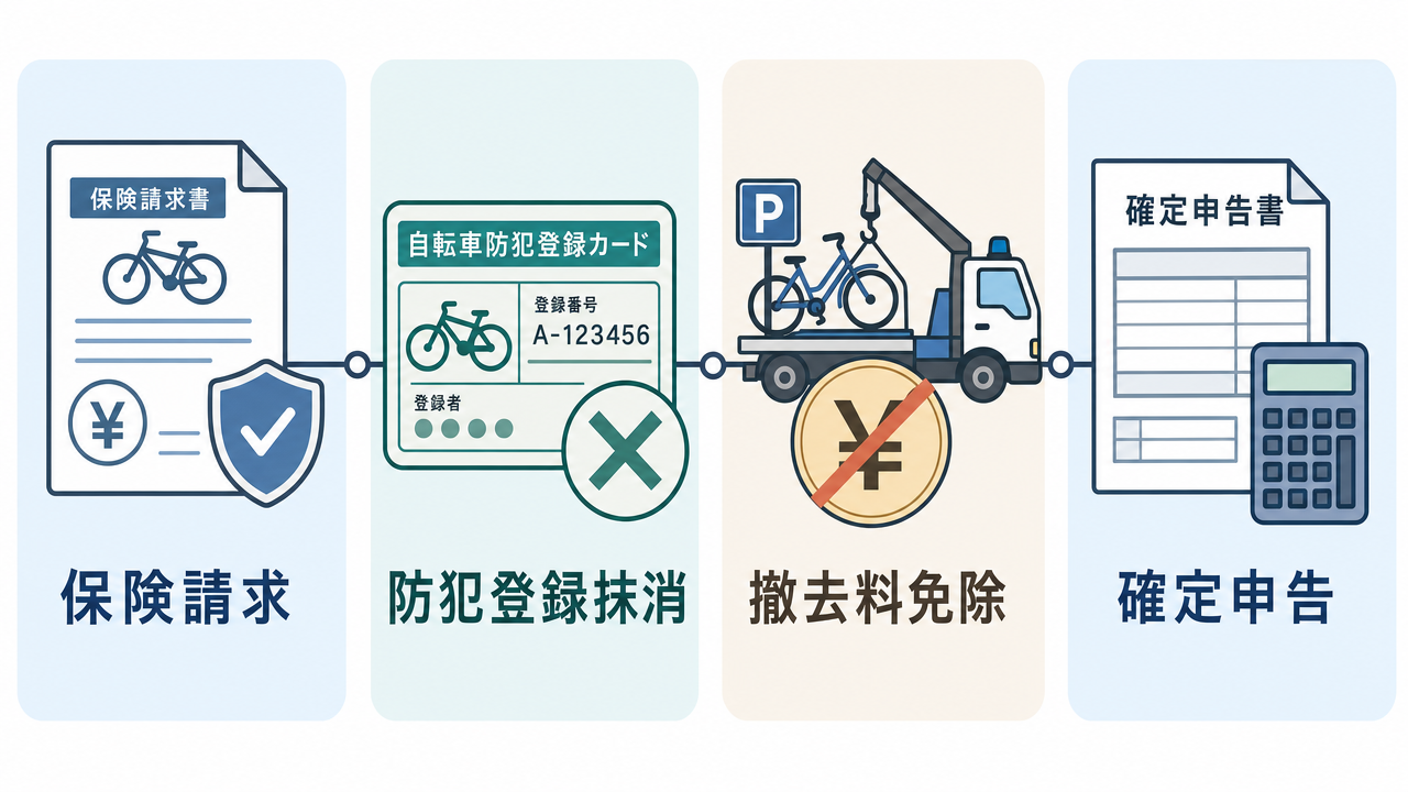 盗難証明書・受理番号の4つの使い道を示した概念図。保険請求、防犯登録抹消、駐輪場撤去料免除、確定申告(雑損控除)の4つを横一列のアイコンと日本語ラベルで整理