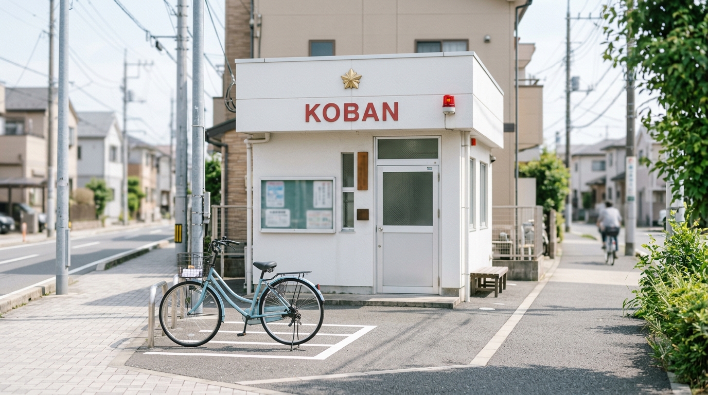 日本の交番(警察ボックス)の昼間の外観写真。赤い「KOBAN」看板のある小規模な建物