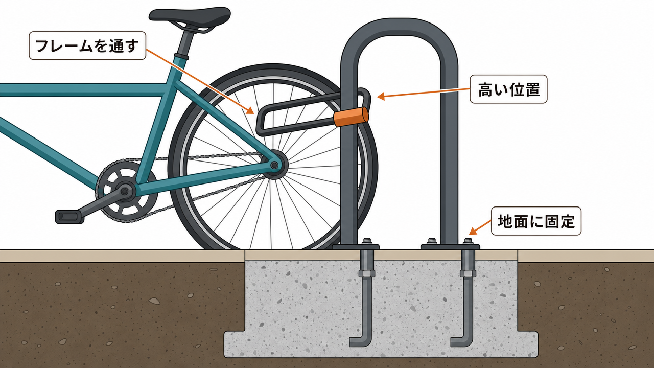 アースロックの構成図。自転車のフレームと後輪がU字ロックで地面固定の駐輪ラックに締結されている。3つのポイント（フレームを通す、高い位置、地面に固定）が矢印で示され、ラックの地下コンクリート基礎断面も描かれている。