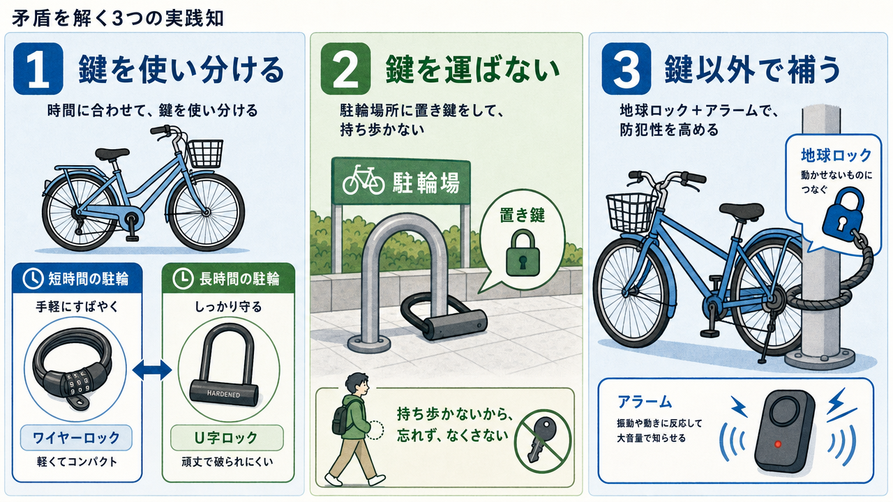 矛盾を解く3つの実践知を示すインフォグラフィック。左から「鍵を使い分ける」「鍵を運ばない」「鍵以外で補う」の3パネル