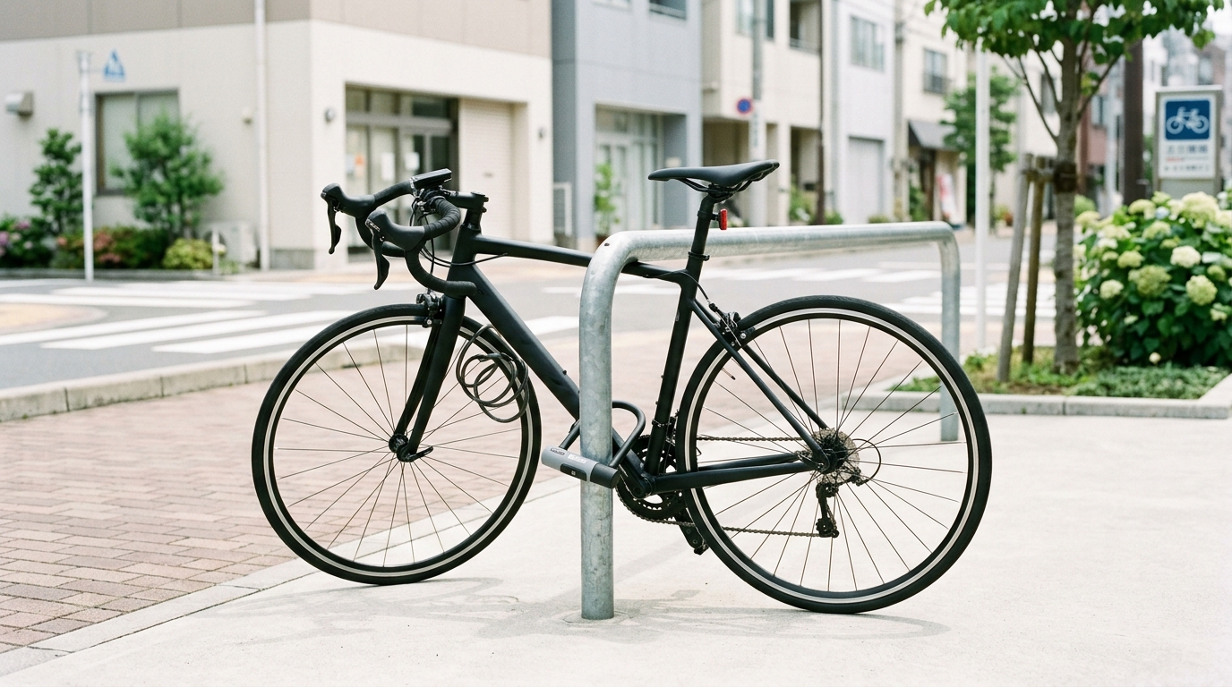 明るい日本の街中で、ロードバイクがU字ロックで駐輪ラックに正しく施錠されている様子。構造物にアースロックされた実践的な駐輪例