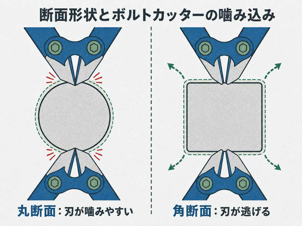チェーンリンクの丸断面と角断面の比較図。左側の丸断面はボルトカッターの刃が噛み込みやすく、右側の角断面は刃が滑って逃げる様子を示す。角断面の方が破壊しにくい理由を視覚化