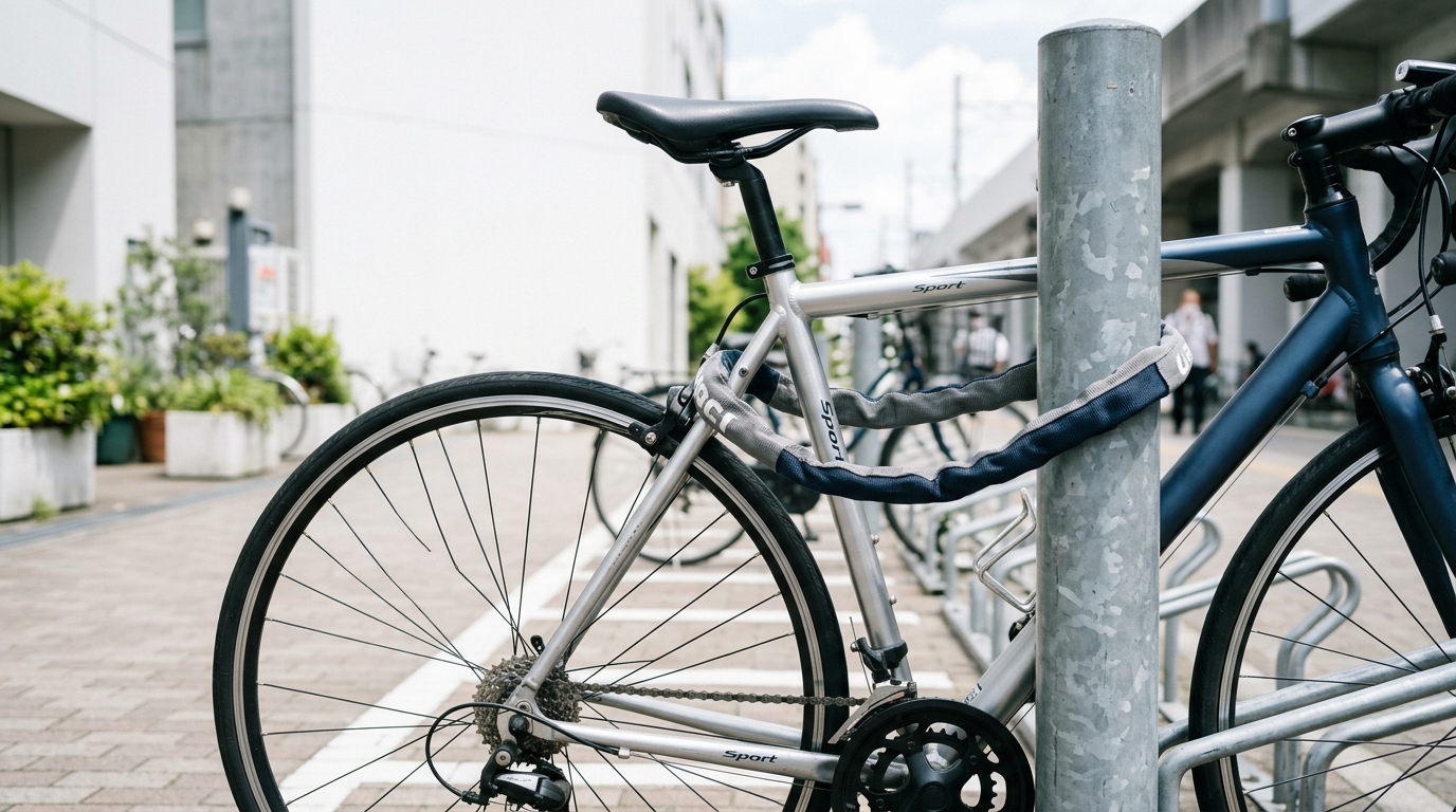 自転車のフレームと地面に固定された構造物をチェーンロックで一緒に巻いた地球ロックの正しい実践例。チェーンは地面から高い位置で施錠され、明るい昼間の日本の駐輪場の風景