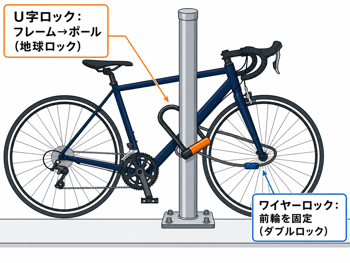 自転車のフレームをU字ロックでポールに固定し（地球ロック）、前輪をワイヤーロックで固定している（ダブルロック）施錠図解。矢印で各ロックの役割を示す。
