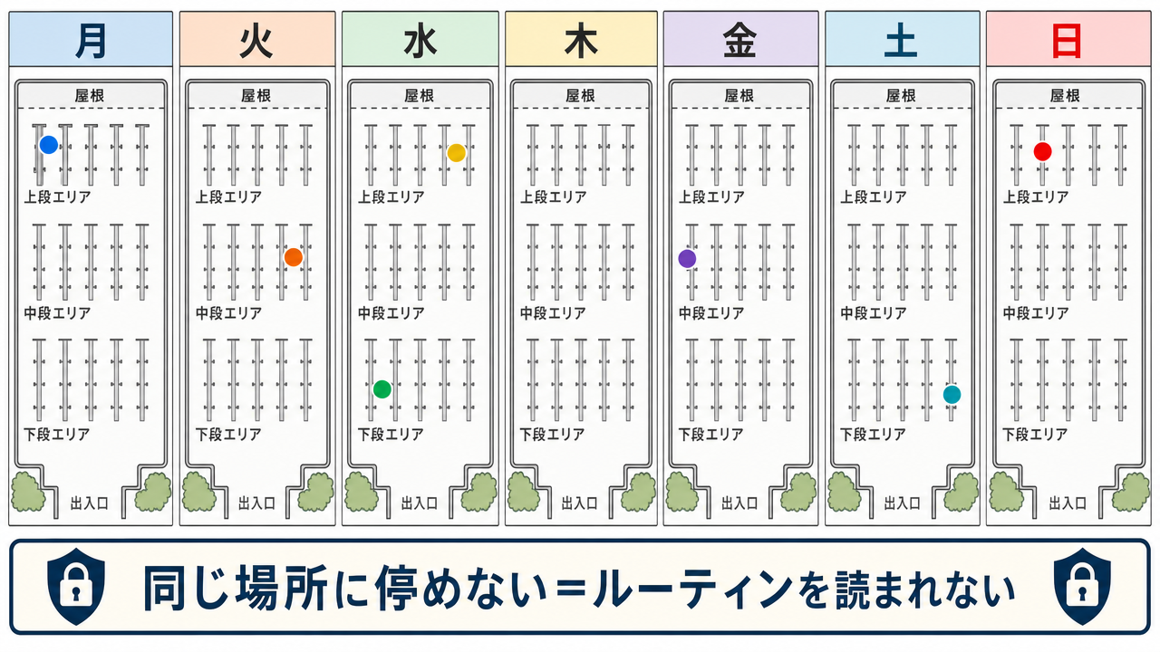 月曜から日曜まで、曜日ごとに異なる駐輪位置を示す概念図。毎日違う区画・ラックに停めることで、ルーティンを窃盗犯に読ませない行動戦略を視覚化。