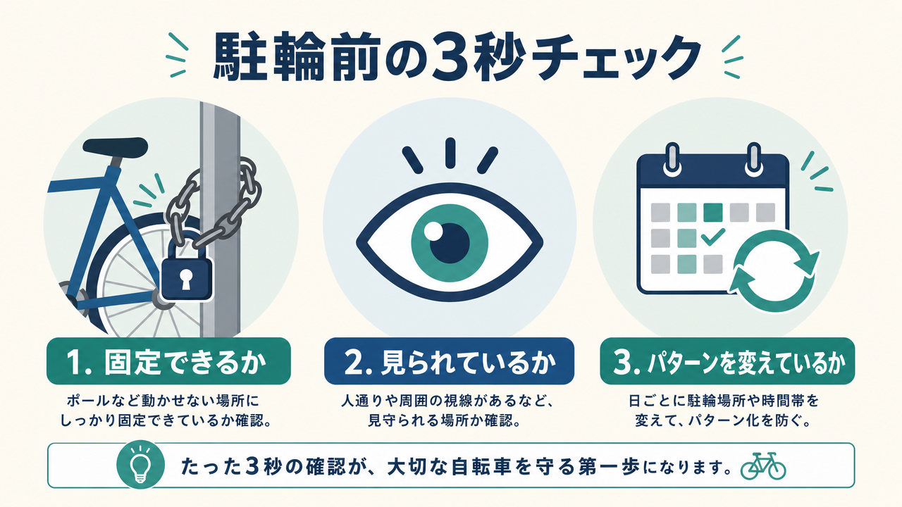 駐輪前の3秒チェックをアイコン化した図。「固定できるか（チェーン＋ポール）」「見られているか（目）」「パターンを変えているか（カレンダー）」の3項目。