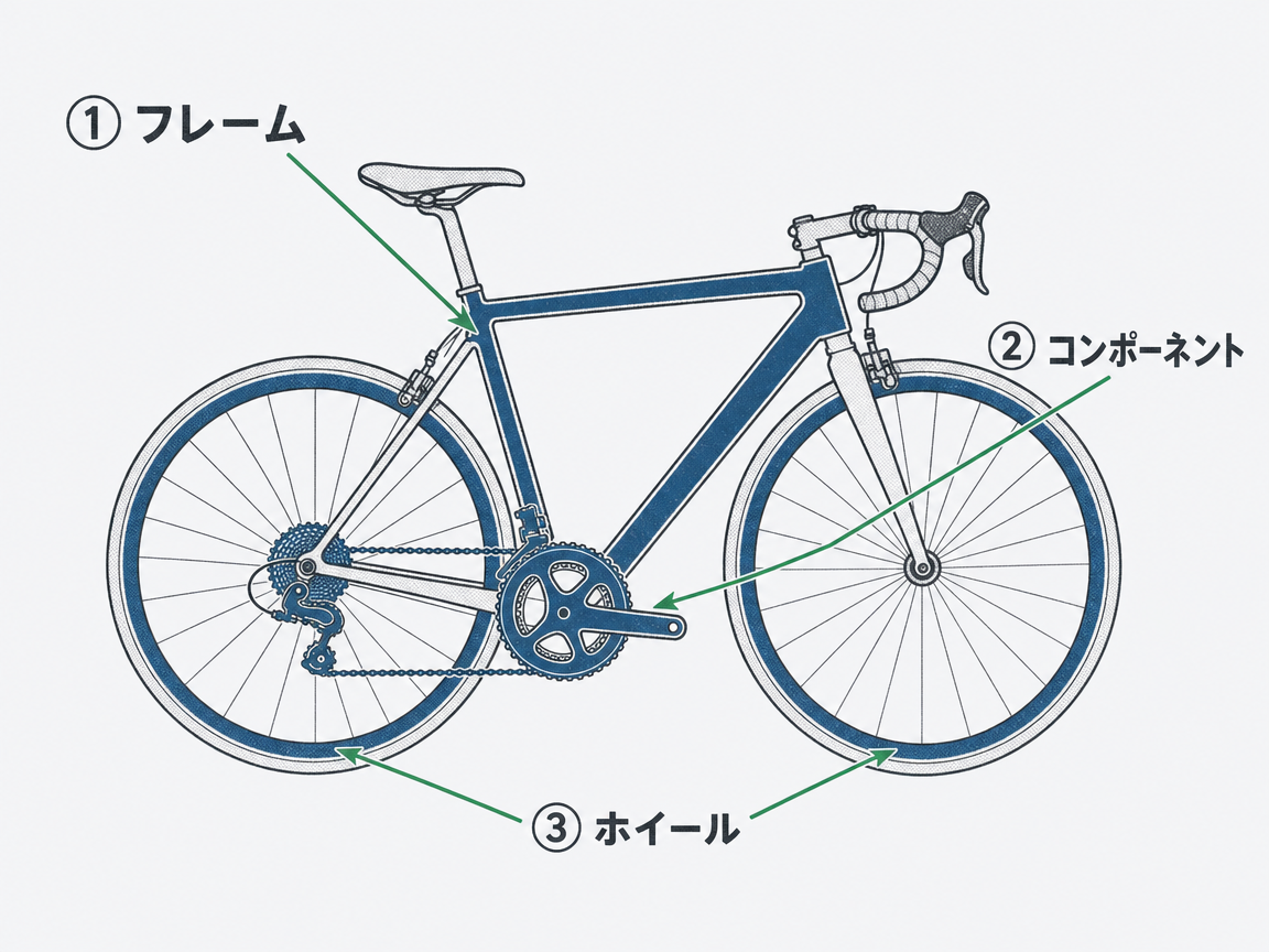 ロードバイクのバラ売り（パーツ転売）で狙われる主な3部位——フレーム、コンポーネント（駆動系）、ホイール——を矢印で示した分解図