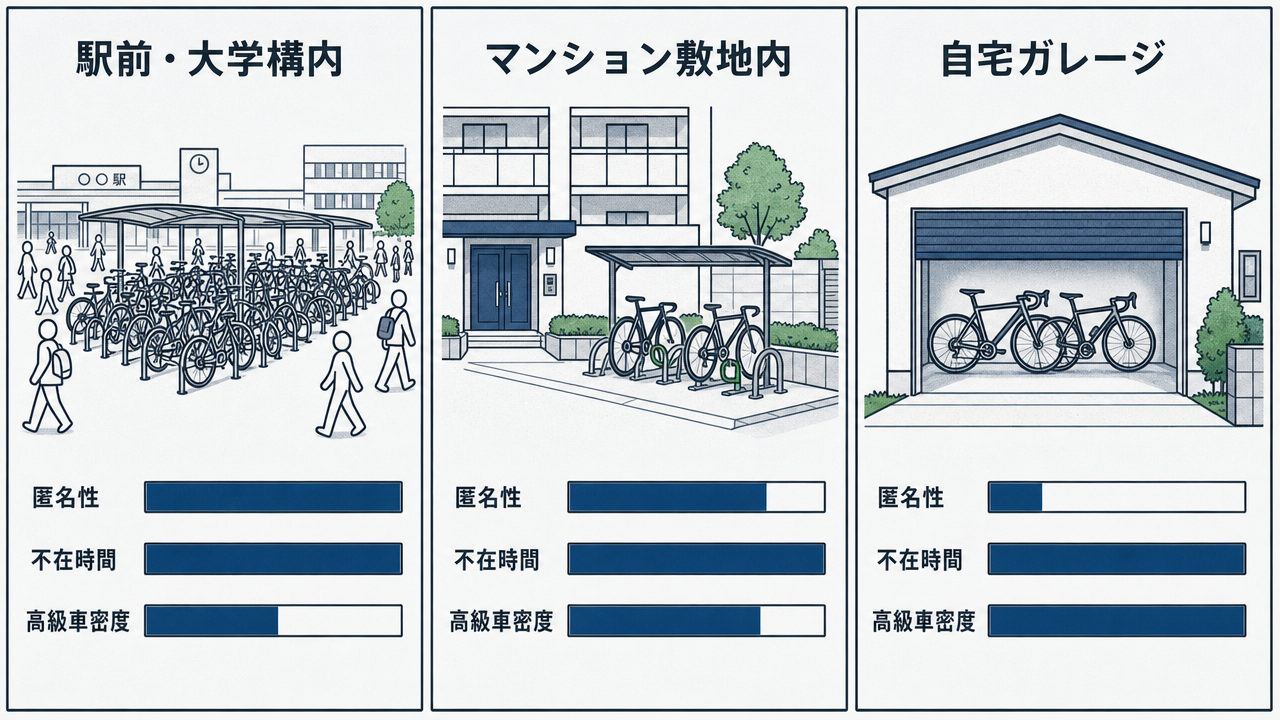 駅前駐輪場・マンション敷地内・自宅ガレージの3つの駐輪環境を、犯人の視点（匿名性・不在時間・高級車密度）で比較したリスク評価図