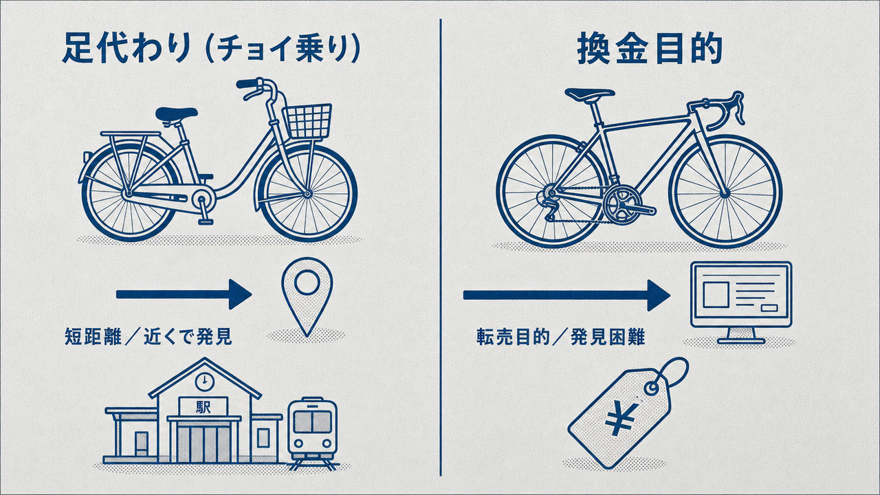 足代わり盗難(短距離・近くで乗り捨て)と換金目的盗難(転売目的・発見困難)の2列比較図。左にママチャリと短い矢印・位置ピン、右にスポーツ自転車と長い矢印・パソコン画面のアイコン。