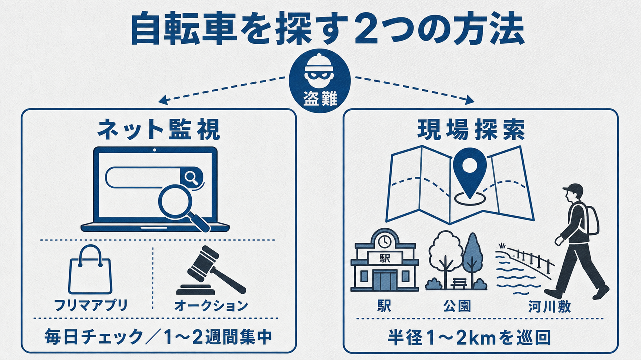 自転車を探す2つの方法の図解。中央の盗難マークから左のネット監視(パソコン・フリマアイコン)と右の現場探索(地図・駅・公園・川のアイコン)に分岐。
