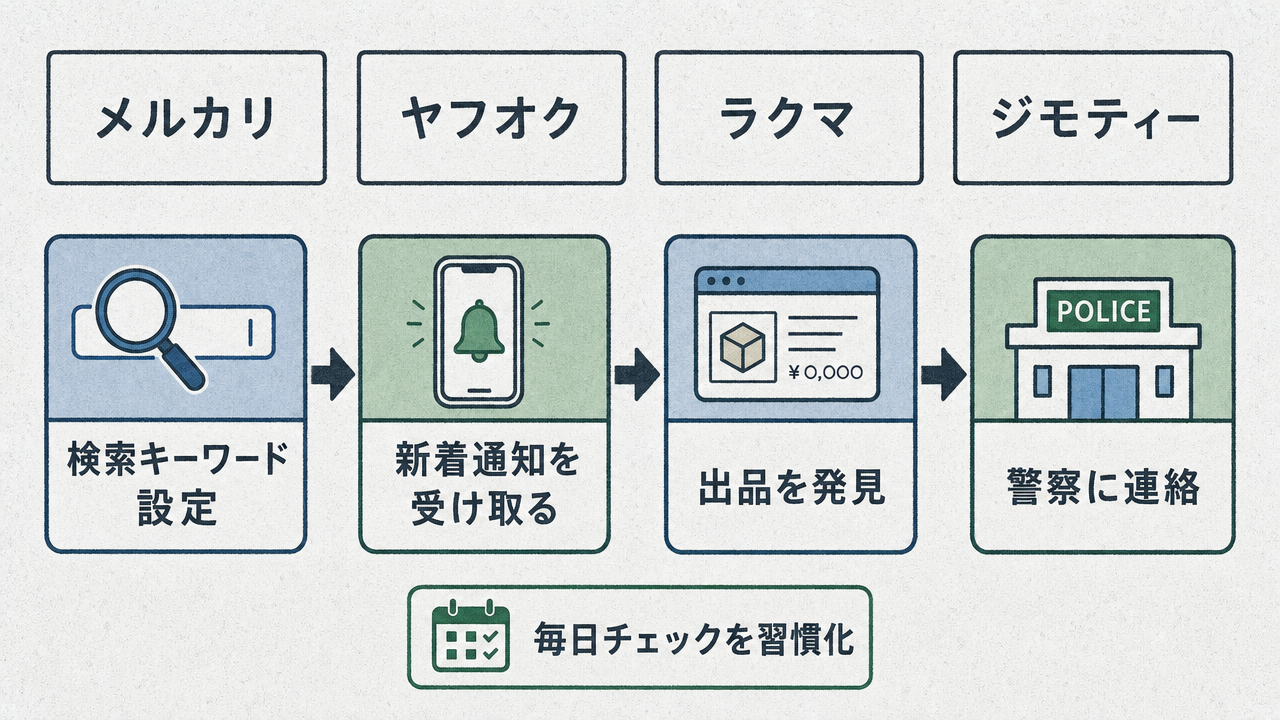 主要4プラットフォーム（メルカリ・ヤフオク・ラクマ・ジモティー）を監視し、検索キーワード設定→新着通知→出品発見→警察連絡へとつなぐフロー図。毎日のチェック習慣化が鍵。
