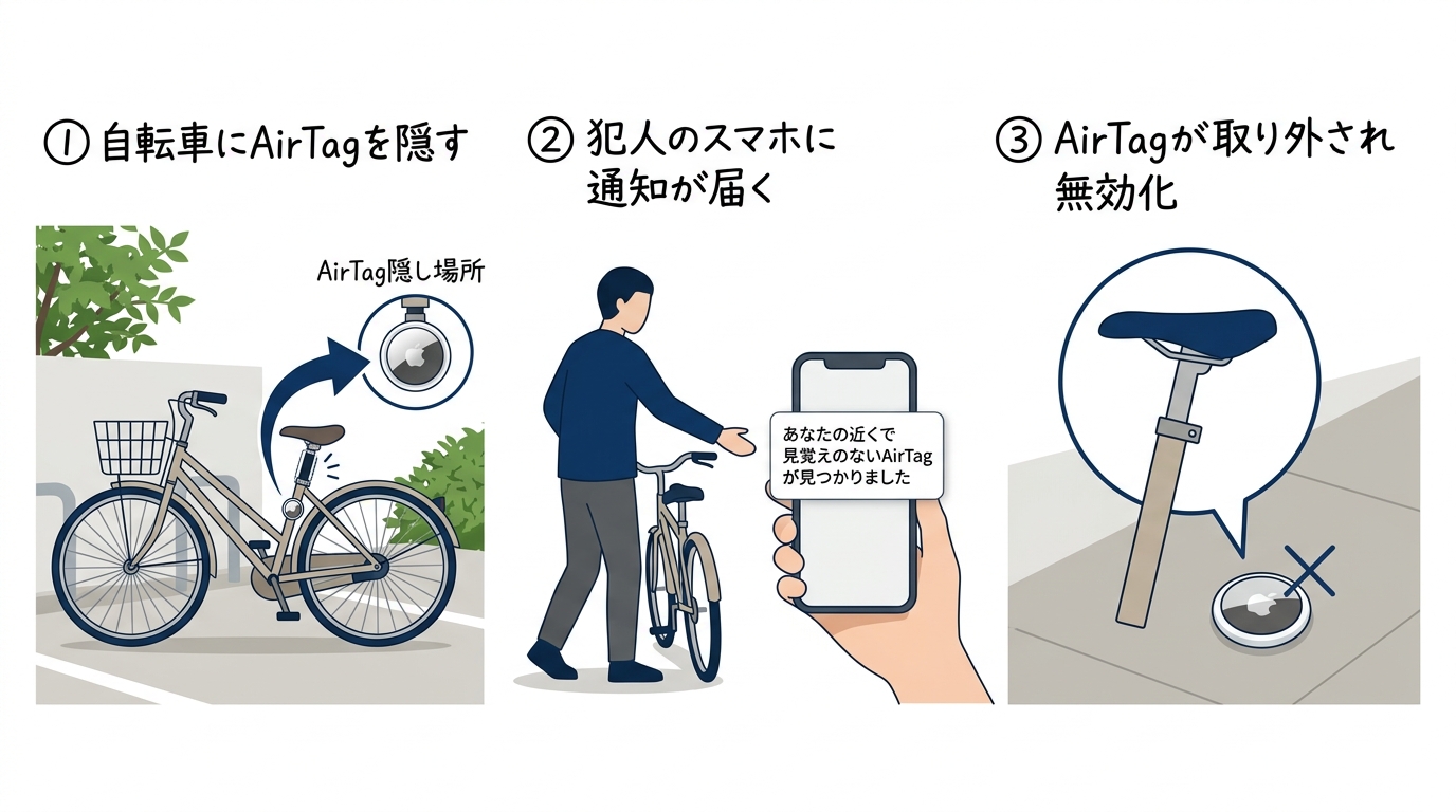 AirTagのストーカー通知機能により無効化される3ステップの図：（1）自転車に隠す→（2）犯人のスマホに通知→（3）取り外されて無効化。