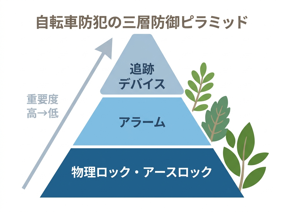 自転車防犯の三層防御ピラミッド。土台（最大）に物理ロック・アースロック、中段にアラーム、頂点（最小）に追跡デバイス。
