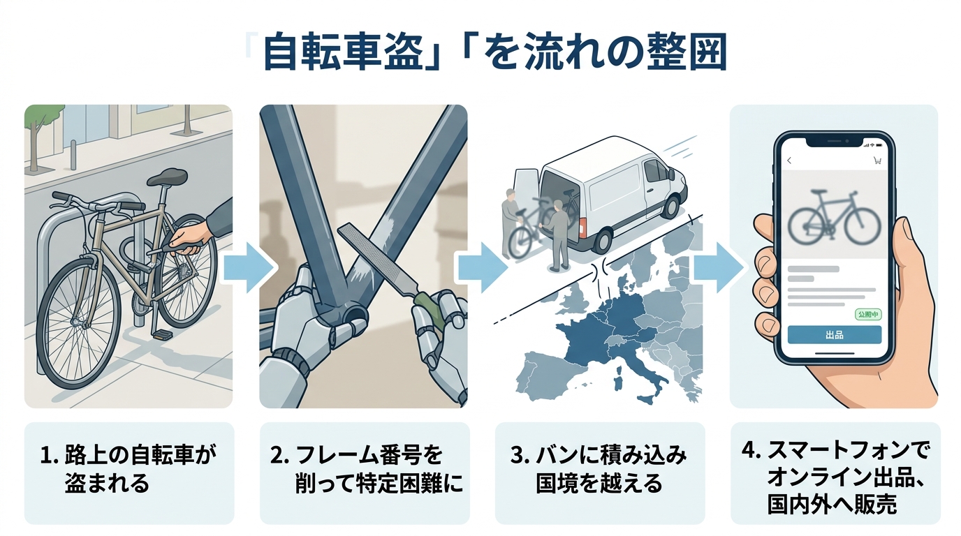 欧州における組織的自転車盗難の流れを示すフロー図。路上での窃取、フレーム番号の偽造、バンでの越境搬送、オンライン匿名転売の4ステップを矢印でつなぐ。