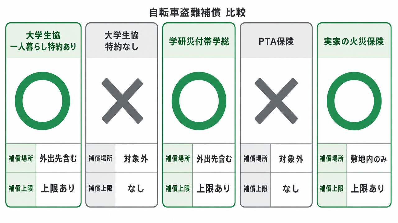 学生向け保険・共済の自転車盗難補償比較図。大学生協の学生賠償責任保険(一人暮らし特約あり/なし)、学研災付帯学生生活総合保険、PTA保険、実家の火災保険(家財特約)の5つを横に並べ、自転車盗難補償の有無、補償される場所の範囲、補償上限を一覧で示したインフォグラフィック。