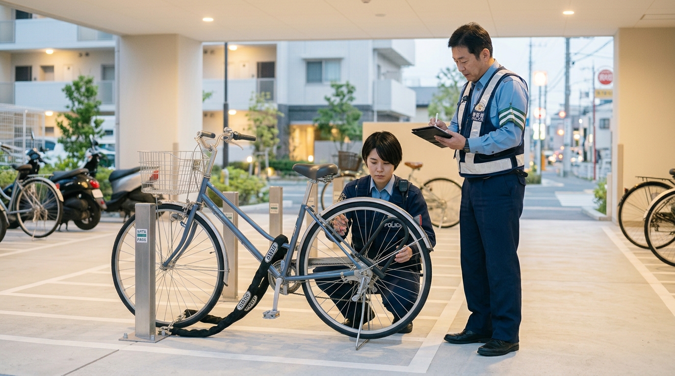 夕暮れのアパート駐輪場で、学生が自転車にU字ロックをかけている防犯シーン。駐輪場は街灯に照らされ見通しが良く、自転車は駐輪ラックにチェーンで固定されている。日常的な防犯行動を自然な雰囲気で捉えた写真。